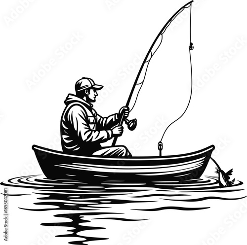 Fisherman in rowboat casting line on calm lake, peaceful angling scene