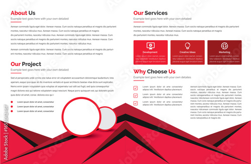 A red and white brochure with text blocks, icons, and circular elements arranged over a geometric, angular red background, creating a modern, corporate feel.