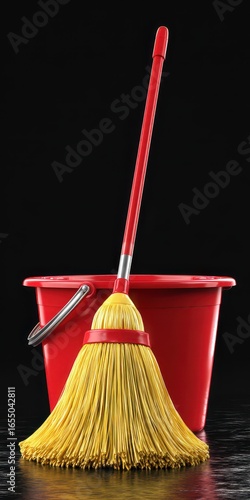 Red Bucket and Yellow Mop Cleaning Supplies
