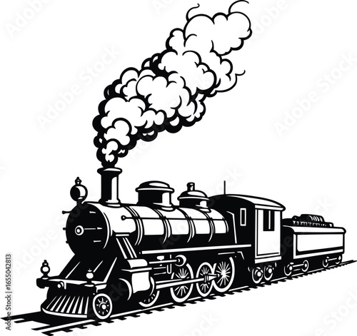 Classic steam locomotive side view with billowing smoke, vintage rail transport vector