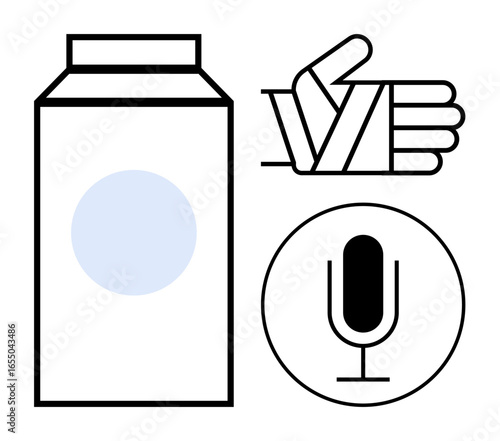 Carton drink, bandaged hand indicating self-care or injury, and microphone suggesting communication or podcasting. Ideal for health, wellness, communication, lifestyle, healthcare, creative life
