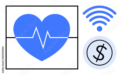 Blue heart with ECG line emphasizes health monitoring, paired with wireless signal and dollar coin. Ideal for healthcare, finance, technology, remote care, investment, connectivity, simple flat