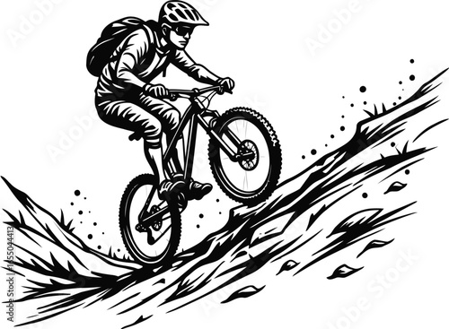 Mountain biker carving a rocky downhill trail with flying dust, extreme off road cycling vector