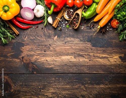 Colorful fresh vegetables and spices on a dark wooden table