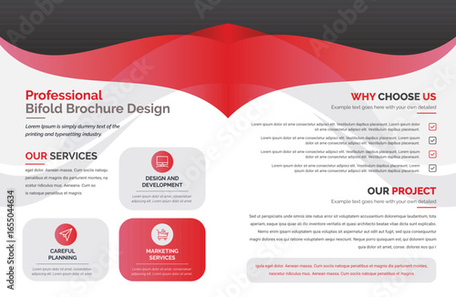 Open bifold brochure: red wave design top, "Professional" text left, "Why Choose Us" right, services icons, light ambiance, modern graphic design, informative layout.