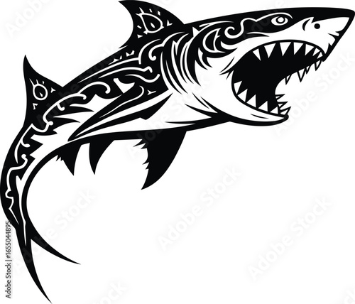Tribal shark tattoo style, aggressive ocean predator silhouette vector