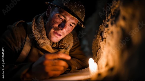 Soldier writes a letter by candlelight in wartime trench during World War I