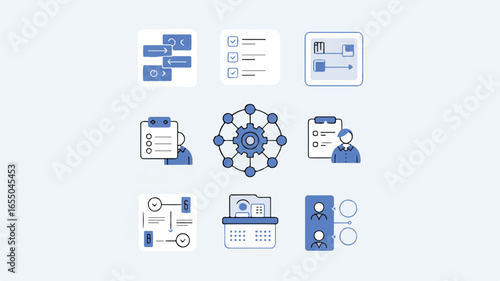 Business Process Workflow Icons Set for Efficiency and Management Including Task Automation and Organizational Structure