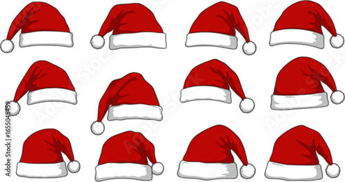 Santa Claus hat collection, Santa red hats with white fur, Winter cap, Christmas element, Vector illustration
