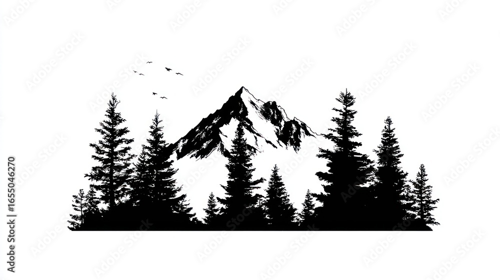 Fototapeta premium Majestic mountain silhouette amidst a dense forest. Birds soar above