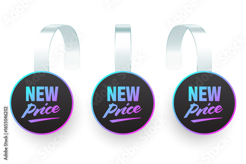 Colorful neon supermarket promotional wobblers. Realistic wobbler template for shelf advertising. Sale or discount label with ad text. Special offer price tag. Vector illustration