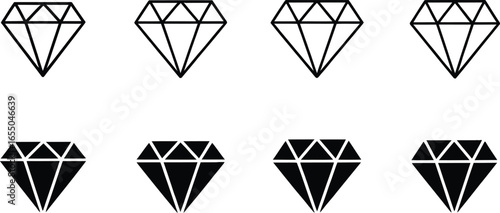 Diamond Icons, Black and White Outline Set, Eight Isolated Diamond Symbols