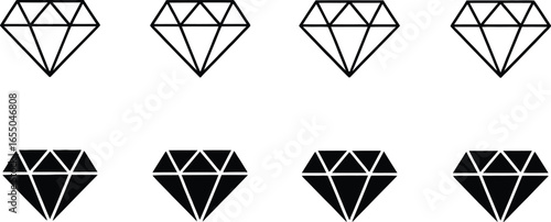 Diamond Outlines and Solid Fills on White Background, Gemstone Icon Set