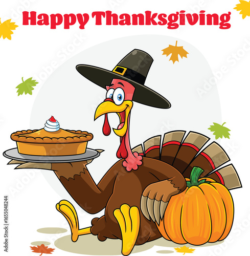 Happy thanksgiving turkey with pie and pumpkin pilgrim hat