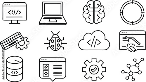 Set of software development and technology icons representing coding, debugging, and data management