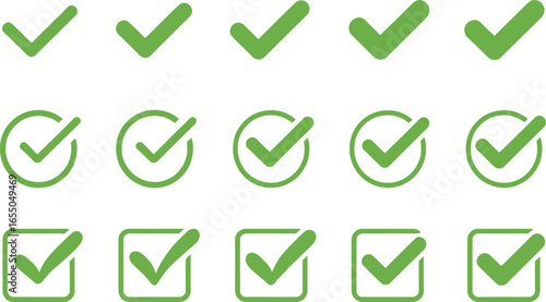 Green Check Mark Icon Set in Various Styles on a White Background Confirmation