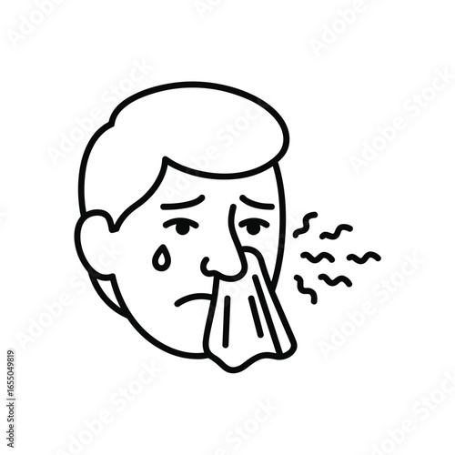 Sick man with a tissue showing a sad expression in minimalist style  
