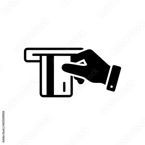 Hand inserting card into ATM slot in black and white design  