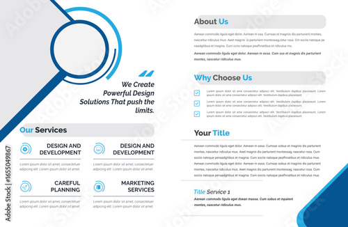 Brochure layout: left page with blue circles, services icons; right page with "About Us," "Why Choose Us" text, light, professional, clean design.