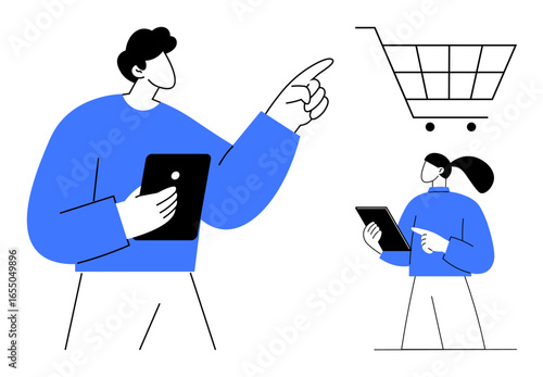 Two people interacting with tablets and pointing at an abstract shopping cart. Ideal for e-commerce, teamwork, shopping, marketing, tech, collaboration, brainstorming, simple landing page