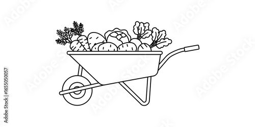 Wheelbarrow filled with assorted vegetables in black line art  