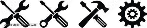 Hand Tools Silhouette Icons Set Wrench, Screwdriver, Hammer, Gear on White Background