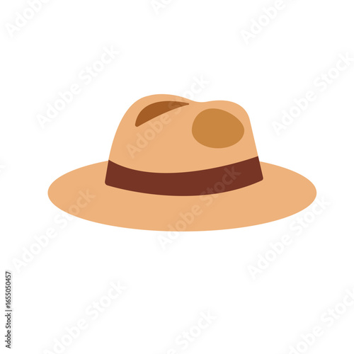 classic wide-brimmed hat. Light brown hat with dark brown band, minimalist flat style on white background.
