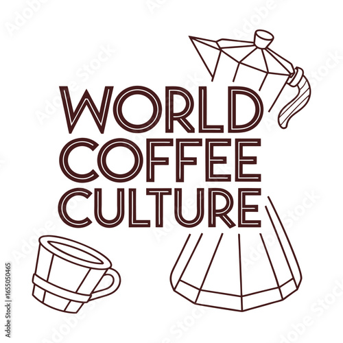 Minimalist World Coffee Culture Illustration with Italian Moka Pot Filter and Cup for Coffee Shop Branding and Beverage Design