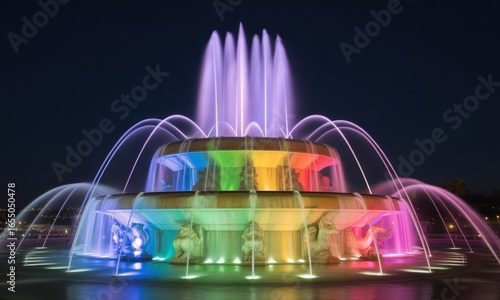Wallpaper Mural Multicolored fountain display at night.  Water jets illuminate the night sky with vibrant hues Torontodigital.ca
