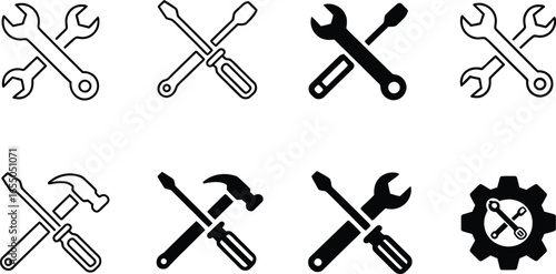 Isolated Wrench and Screwdriver Set in Flat Design with Tool and Gear Icons