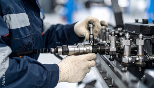 Skilled industrial engineer in a hard hat performing maintenance on heavy machinery in a factory