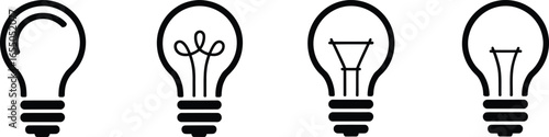 Light Bulbs Evolution, Black Line Icons, Idea Process on Transparent Background