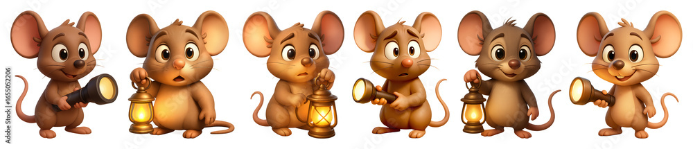 Fototapeta premium PNG Cute mice holding lanterns, element set on transparent background