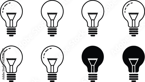 Light Bulbs Set in Black and White Outline with Varying Opacity on Transparent