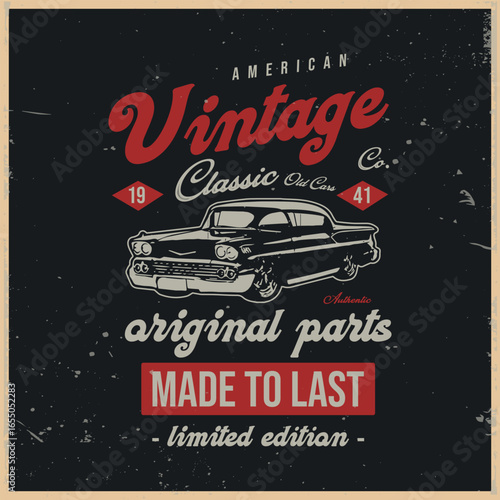 American vintage classic car 1941 t-shirt design. retro garage old school artwork graphic tee illustration. black with grunge background.