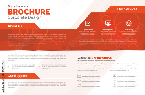 Orange business brochure design: text blocks, icons for organization, development, marketing; clean layout, professional ambiance, flat perspective, bright lighting, modern corporate aesthetic.