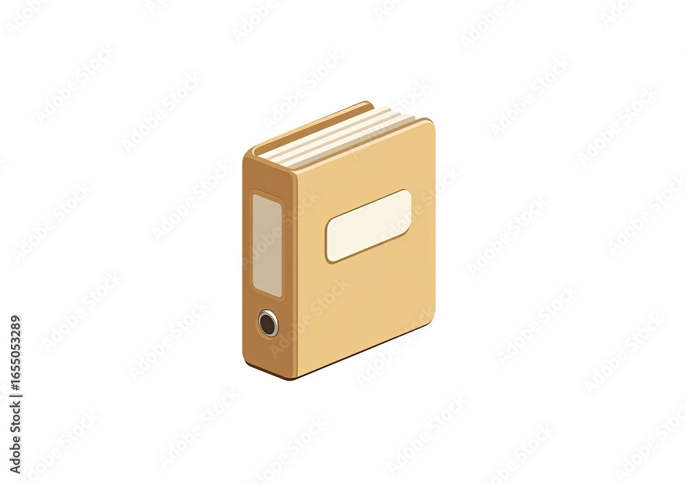 Fototapeta premium Light tan, rectangular file folder, isometric view. Flat, simple design. Visible pages and a label. Solid color