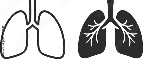 Lungs Icon Set, Human Respiratory System, Outline and Solid Design, on White