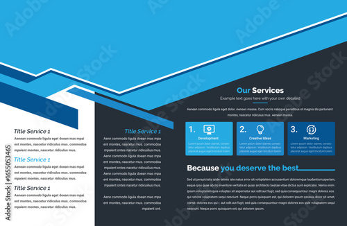A blue and dark gray brochure displays three service sections with icons, text blocks, and geometric lines, creating a modern, professional, and informative layout.