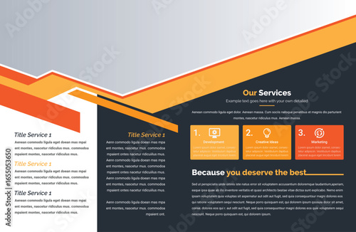 Modern brochure layout: dark background, orange geometric accents, three service boxes, clean typography, professional ambiance, bright light, and a sense of depth.