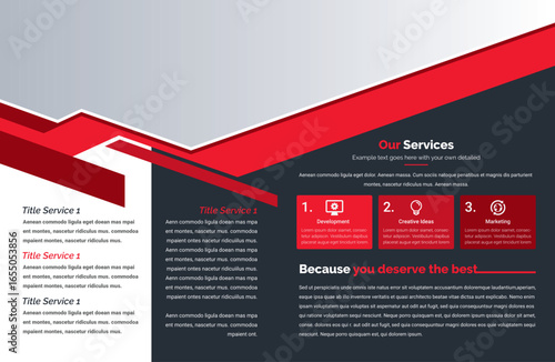 Modern brochure layout: red geometric accents on gray/black background, three service boxes, clean typography, professional ambiance, flat design, bright highlights, corporate feel, organized 