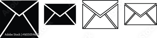 PrintBlack and white vector envelope icons in solid and outline styles, perfect for email, communication, postal service, and messaging design projects