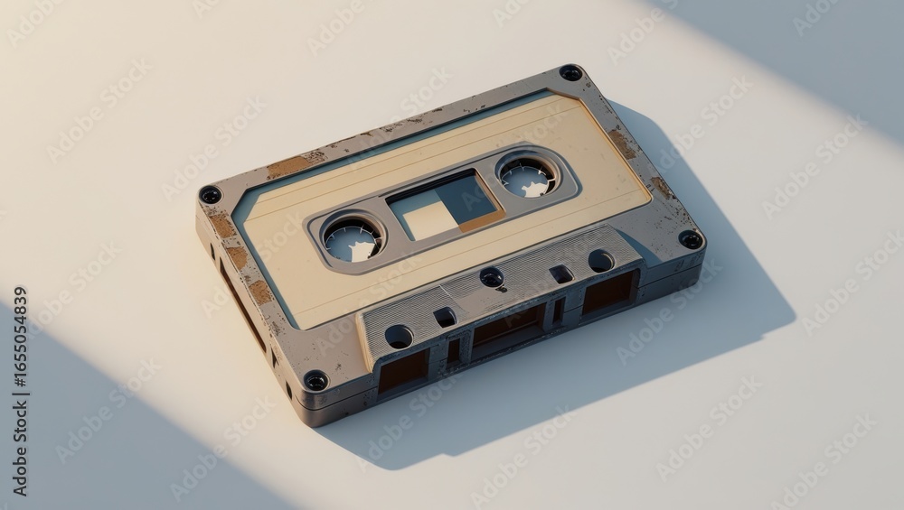 Obraz premium Vintage audio cassette tape with a worn-out appearance on a light surface in soft sunlight
