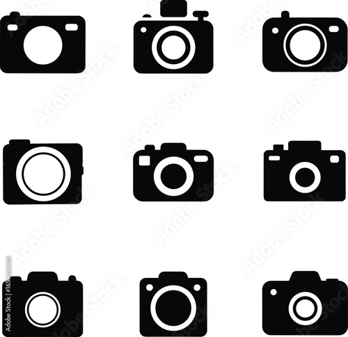 PrintNine black vector camera icons in various minimalist designs arranged in grid, perfect for photography, technology, digital media, and creative projects