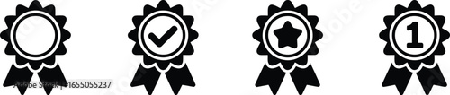 Rosette Medals Badges Icons Set Black Silhouette on Transparent Background