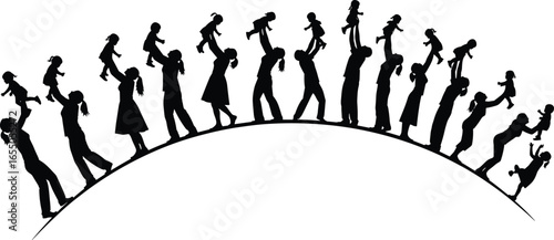 PrintSilhouette vector of adults carrying children on shoulders along curved path, symbolizing generational support, family bond, journey, parenting, emotional connection