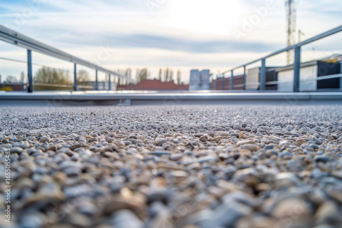 Protective gravel layer on industrial flat roof.