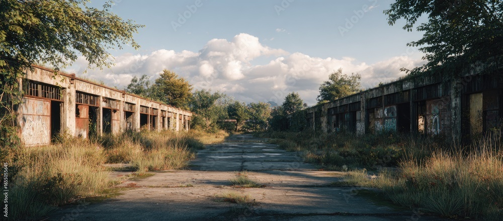 Fototapeta premium Abandoned industrial buildings under a cloudy sky