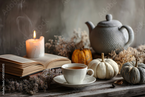 Wallpaper Mural Cozy warm autumn composition with cup of hot tea, burning candle, open book and pumpkins on wooden background. Autumn home decor. Fall mood. Thanksgiving. Halloween. Torontodigital.ca