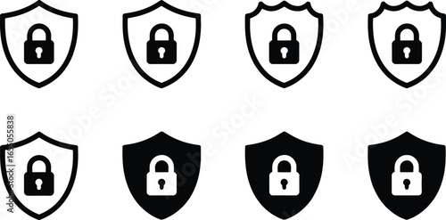 Security Shield Icons Set Featuring Padlocks in Various Styles on Transparent